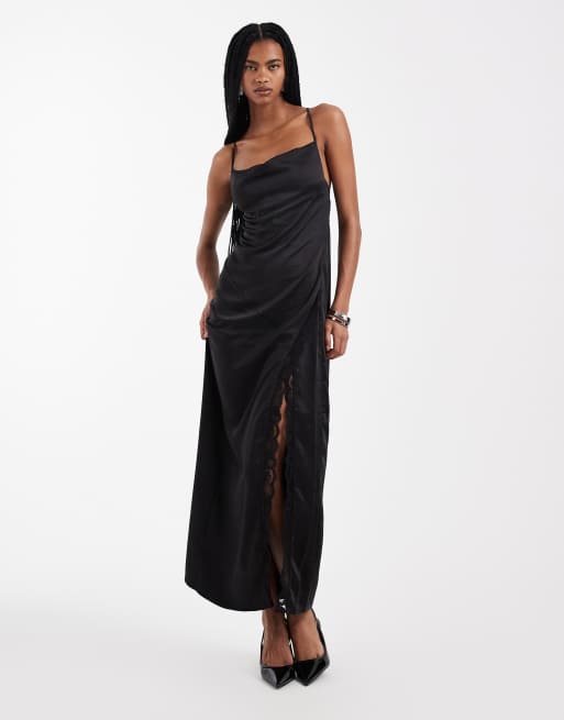 4th & Reckless satin cami strappy lace detail split front maxi dress in black, 4 of 4