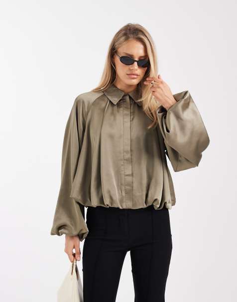 4th & Reckless satin collar bubble hem & sleeve bomber jacket in khaki