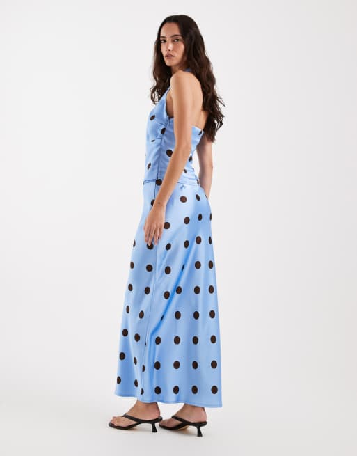 4th & Reckless satin column maxi skirt in blue & chocolate polka dot (part of a set), 5 of 5