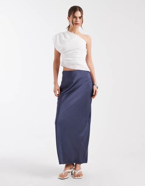 4th & Reckless satin column maxi skirt in blue - view 1