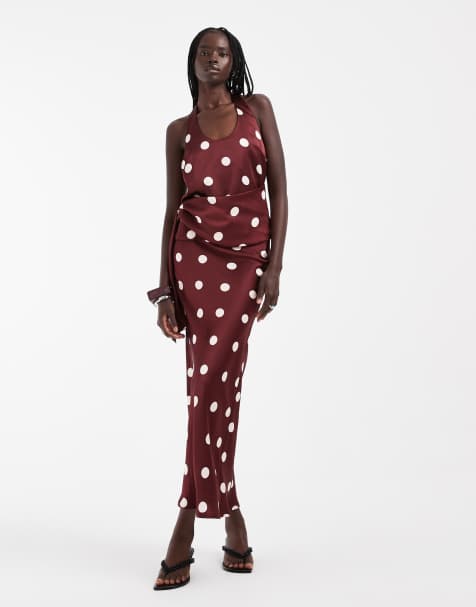 4th & Reckless satin column maxi skirt in burgundy & pink polka dot print - part of a set - view 1