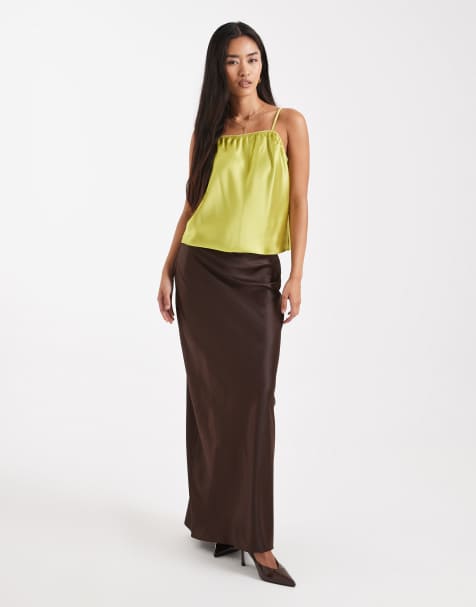 4th & Reckless satin column maxi skirt in chocolate