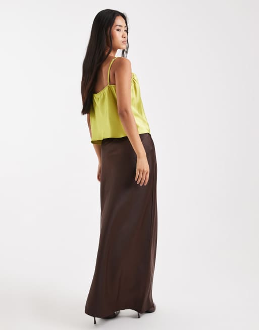 4th & Reckless satin column maxi skirt in chocolate, 2 of 5