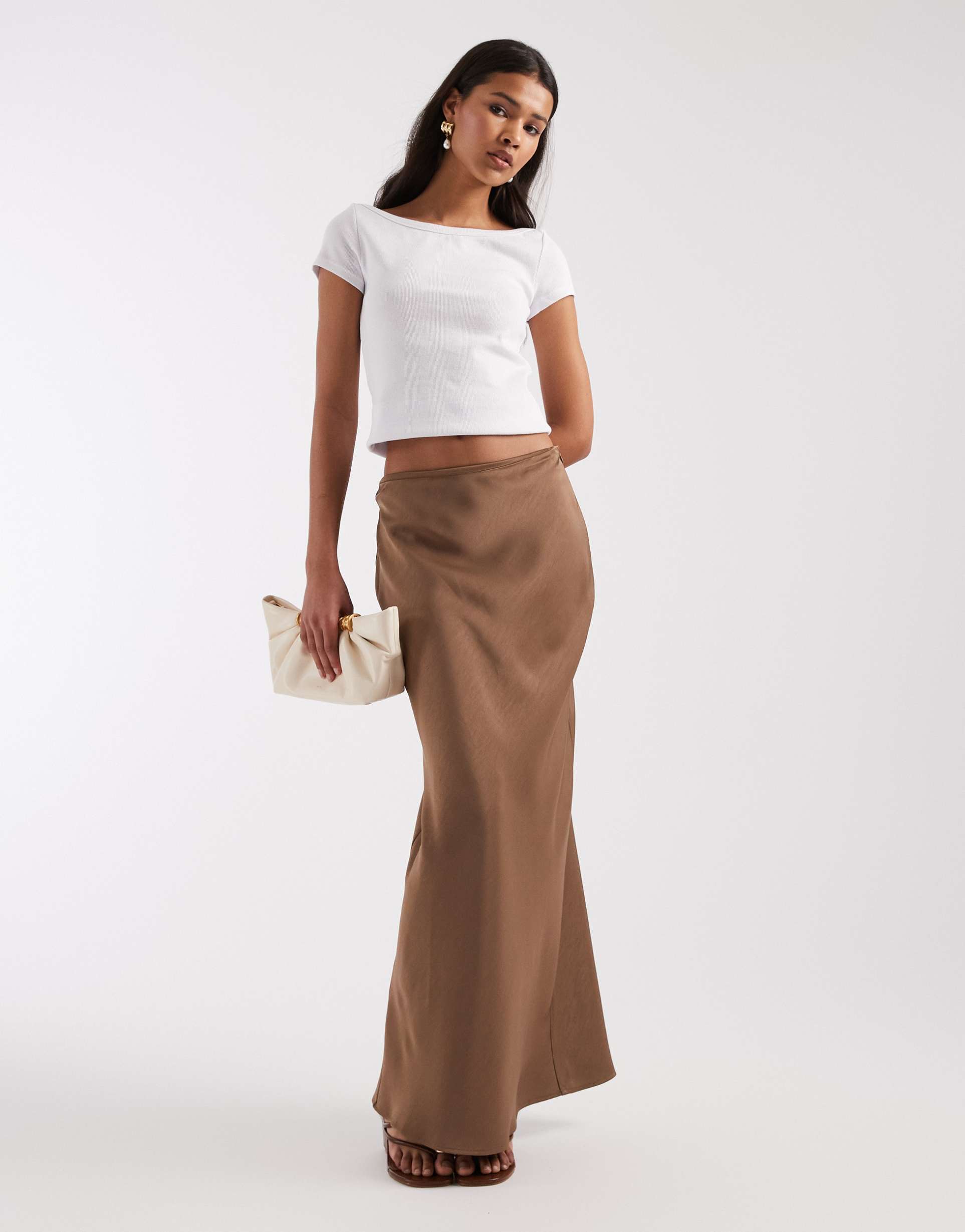 4th & reckless satin column maxi skirt in mocha