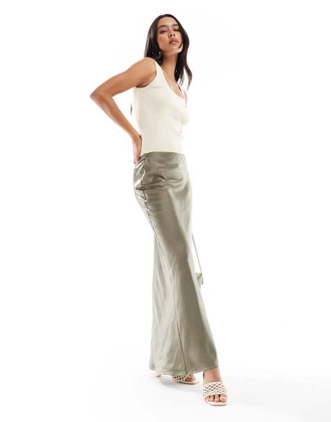 4th & Reckless satin column maxi skirt in olive - view 1