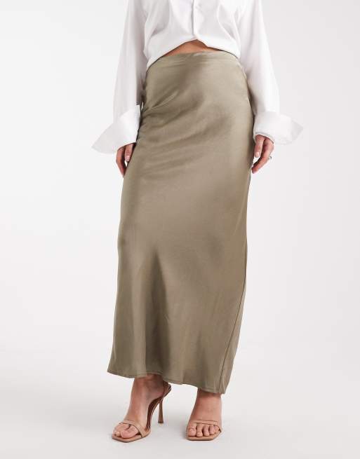 4th & Reckless satin column maxi skirt in olive, 3 of 5