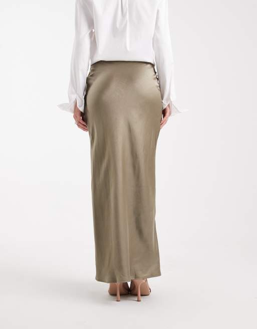 4th & Reckless satin column maxi skirt in olive, 5 of 5