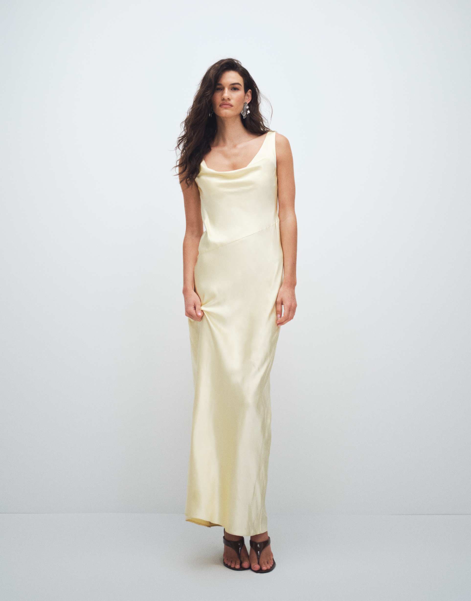 4th & Reckless satin cowl neck lace back maxi dress in lemon