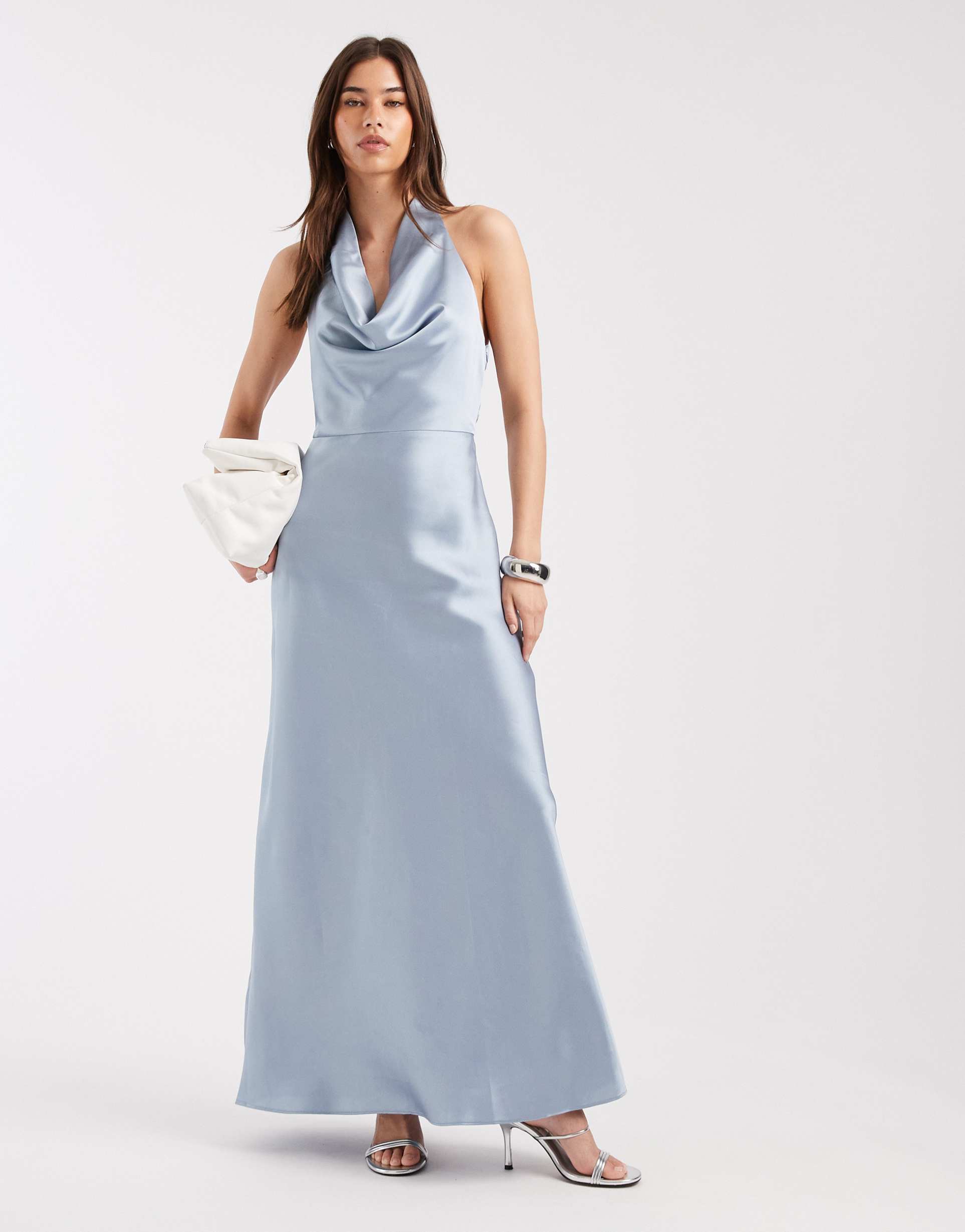 4th & reckless satin cowl neck low back maxi dress in light blue