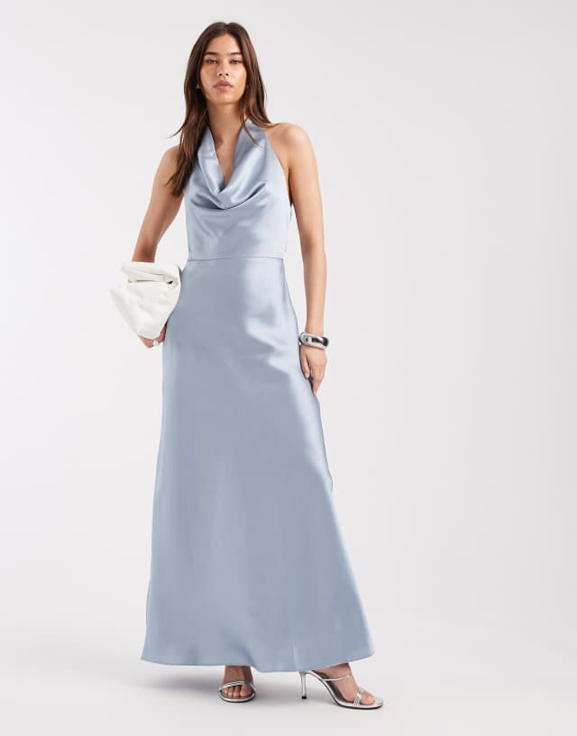 4th & Reckless satin cowl neck low back maxi dress in light blue