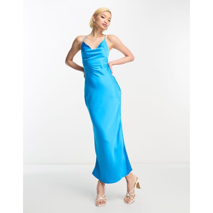 4th Reckless satin cowl neck strappy back midi dress in electric blue