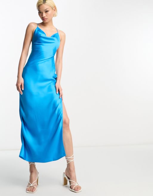 Blue Satin Strappy Tie Back Flowy Dress