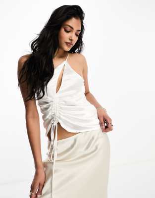 4th & Reckless Satin Cut Out Detail One Shoulder Ruched Top In White