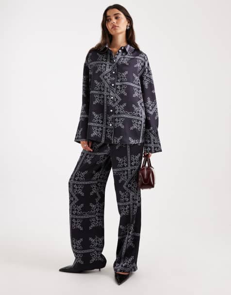 4th & Reckless satin deep cuff shirt and tie waist pants set in paisley - view 1