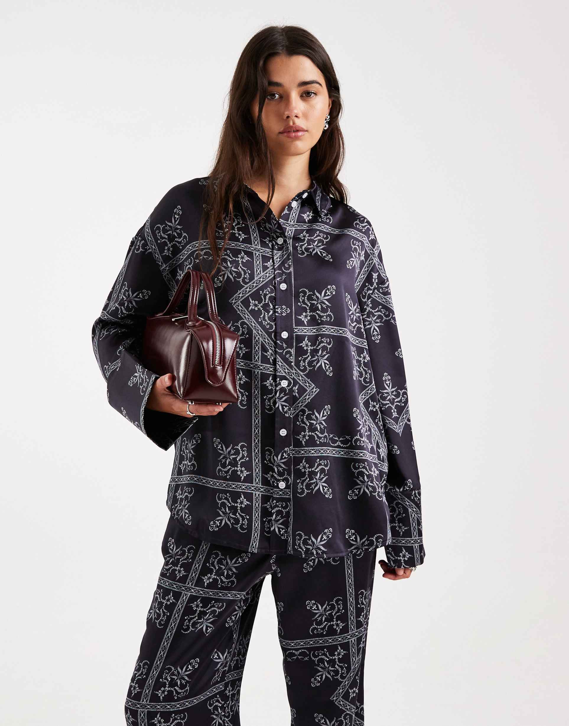4th & reckless satin deep cuffed shirt in navy paisley print - part of a set