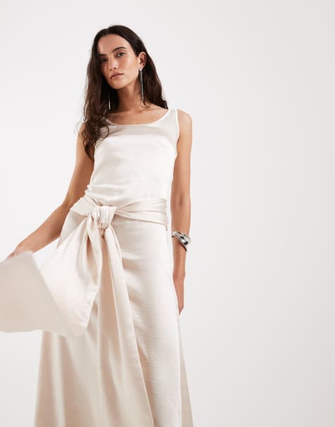 4th & Reckless satin drape waist detail scoop neck maxi dress in cream - view 1