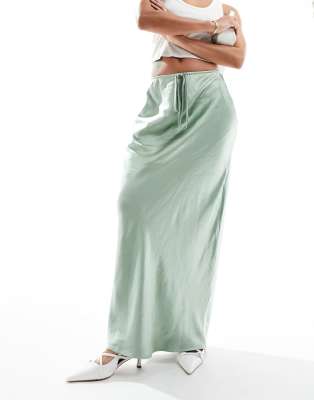 satin drawstring waist maxi skirt in sage green