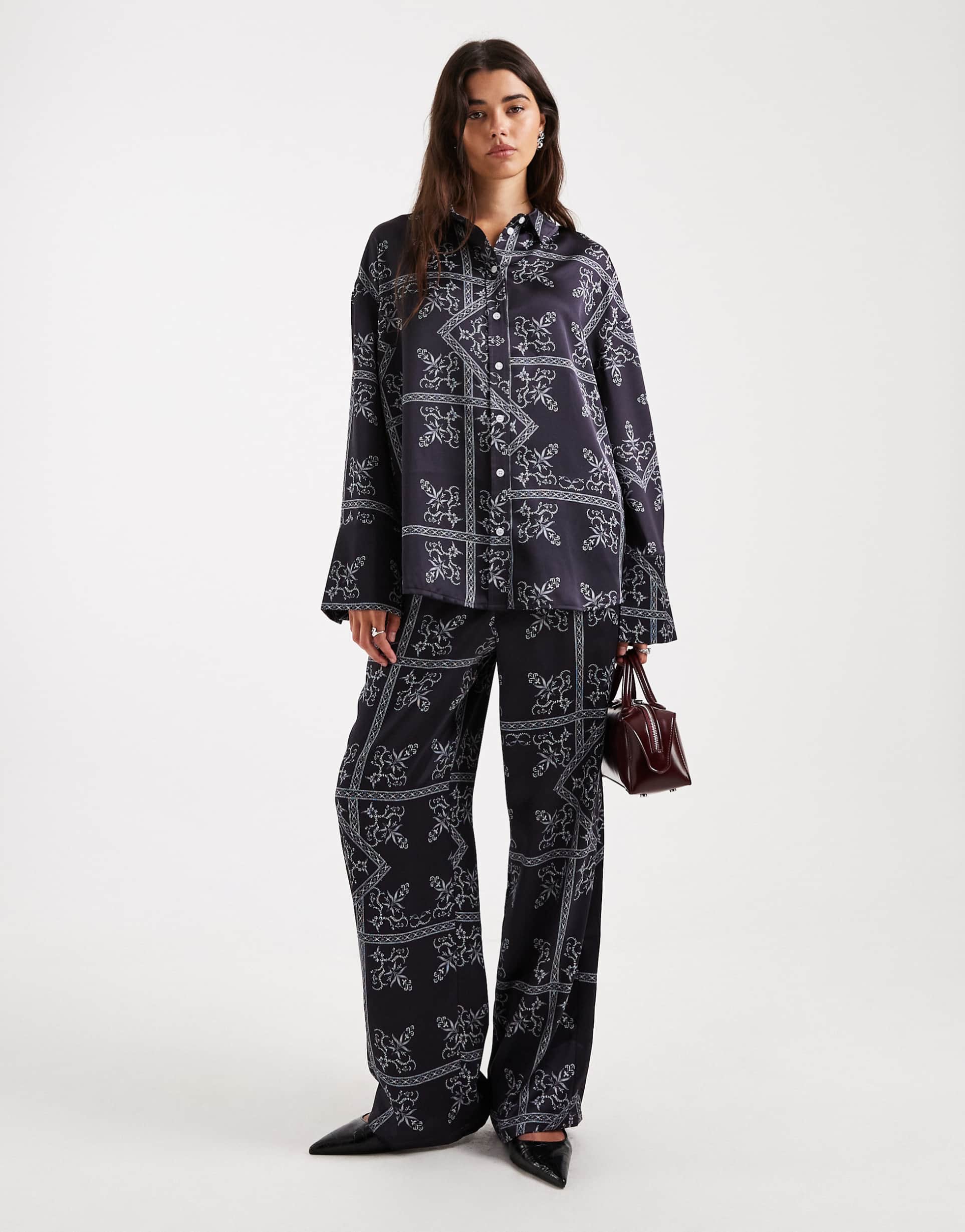 4th & reckless satin elastic waist wide leg pants in navy paisley print - part of a set