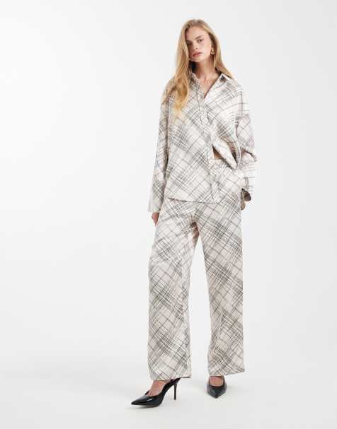 4th & Reckless satin elastic waist wide leg pants in white plaid print - part of a set - view 1