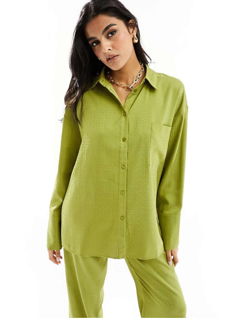 satin flared sleeve oversized shirt in lime - part of a set-Green