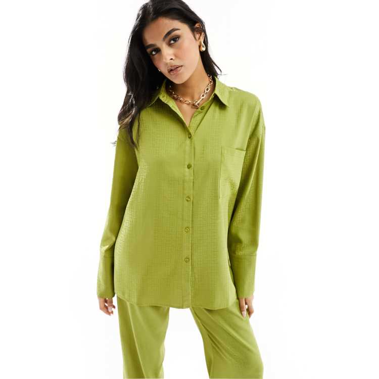 4th & Reckless satin flared sleeve oversized shirt in lime - part