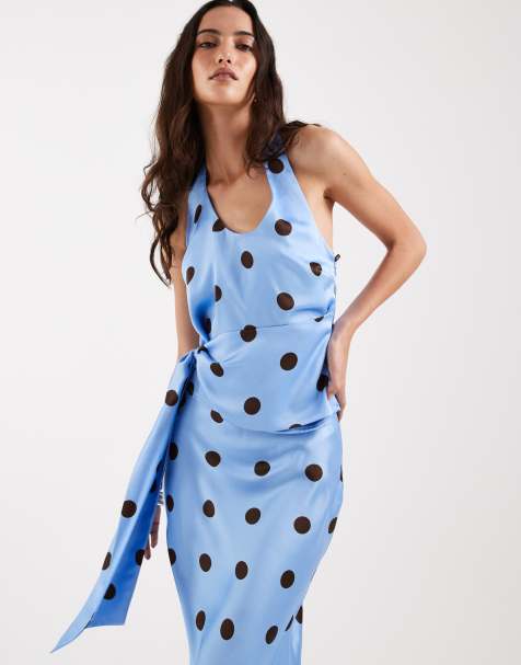4th & Reckless satin halterneck draped waist detail top in blue & chocolate polka dots - part of a set - view 1