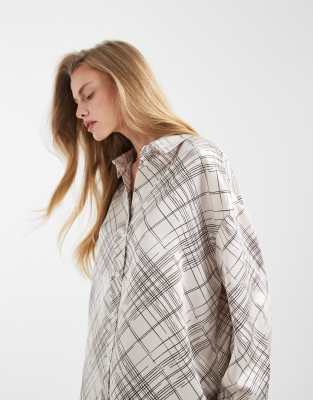 4th & Reckless - Satin-Hemdbluse in kariertem Weiß mit breiten Manschetten, Kombiteil-Bunt