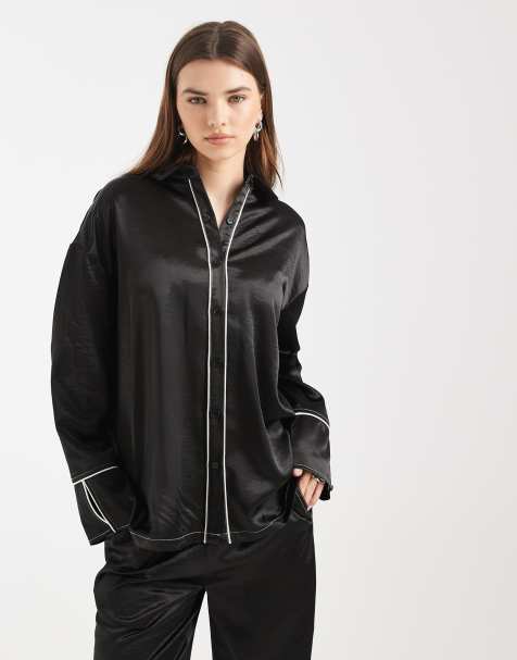 4th & Reckless – Satin-Hemdbluse in Schwarz mit Kontrastbesatz, Kragen und breiten Manschetten, Kombiteil - view 1