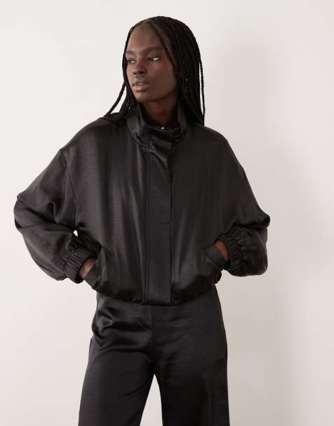 4th & Reckless satin hidden placket drop shoulder balloon sleeve bomber jacket co-ord in black - view 1