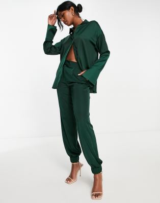 4th & Reckless satin joggers co-ord in forest green