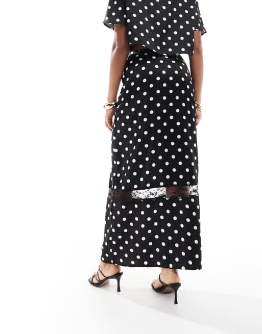 4th & Reckless satin lace insert maxi skirt in black polka dot - part of a set