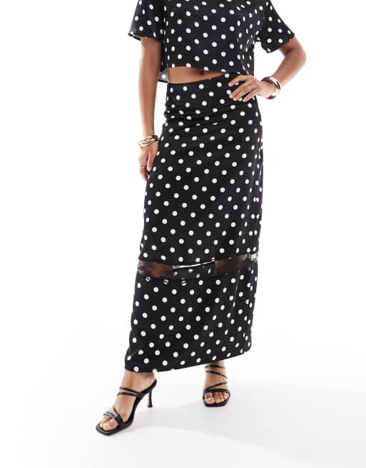 4th & Reckless satin lace insert maxi skirt in black polka dot - part of a set