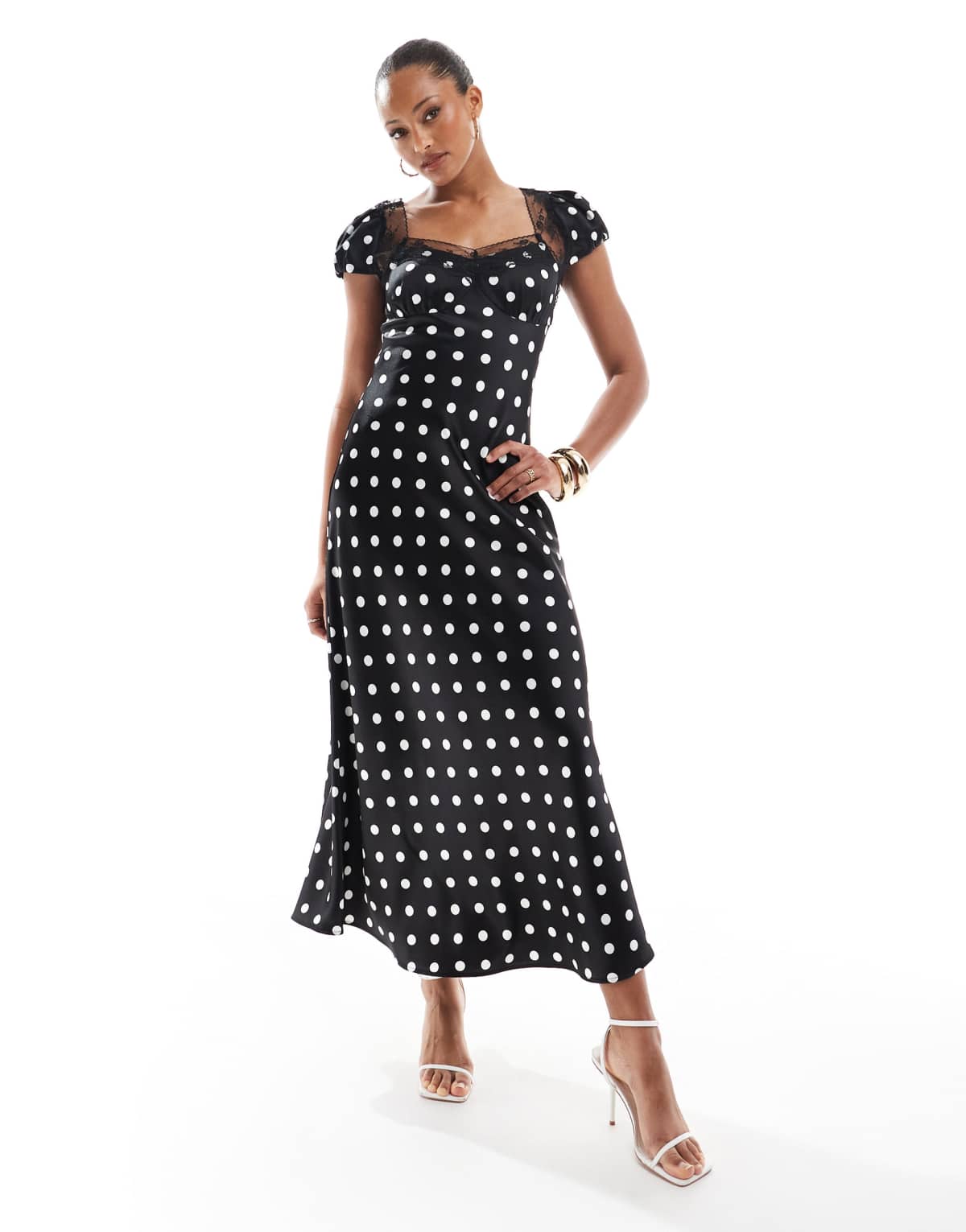 4th & Reckless satin lace trim cap sleeve maxi dress in black polka dot