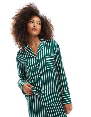 satin long sleeve stripe pajama shirt in green - part of a set