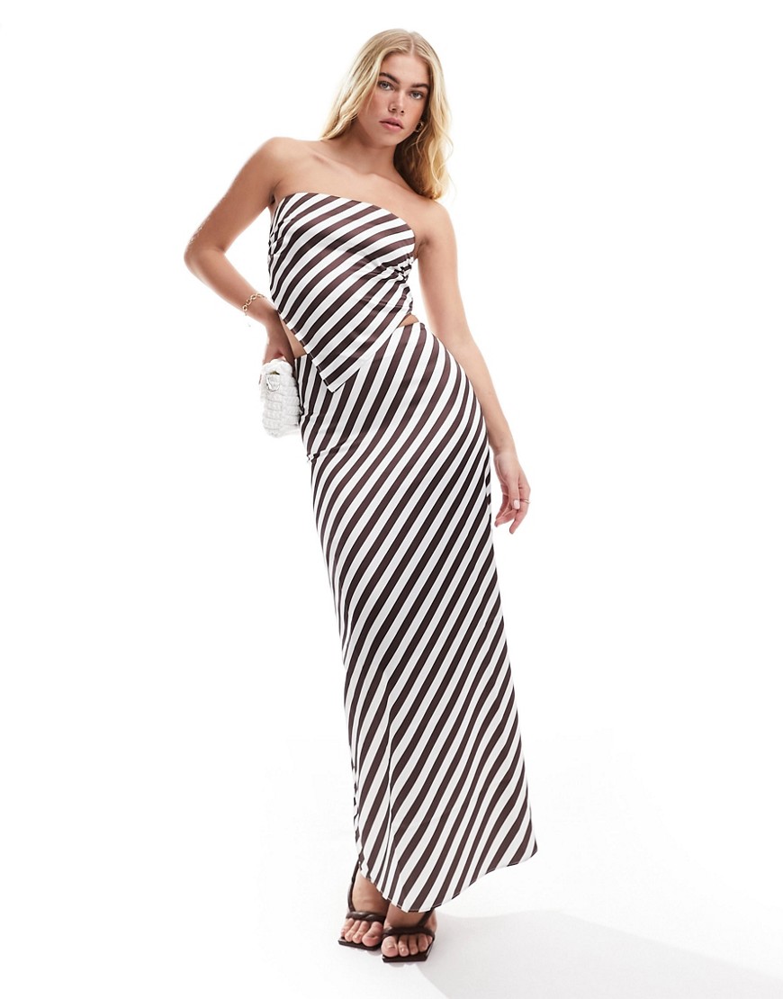 4th & Reckless satin maxi skirt co-ord in cream and chocolate stripe-Multi