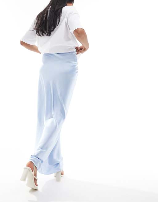 スカート PLAIN Light-Blue Long Tube Skirt Satin Effect Woman Eliza Satin Midi Skirt • American Threads Women's Online