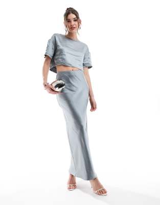 satin maxi skirt in steel gray - part of a set-Blue