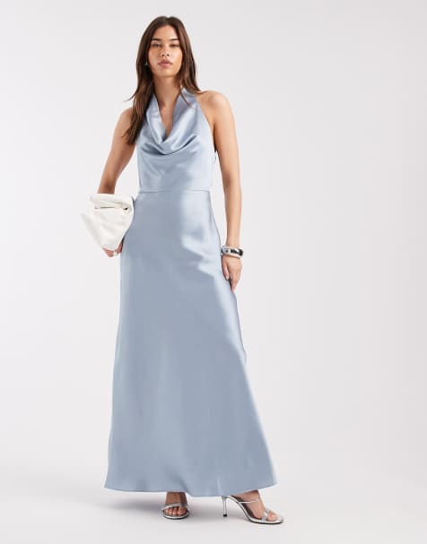 4th & Reckless – Satin-Maxikleid in Hellblau mit Wasserfallausschnitt und tiefem Rückenausschnitt - view 1