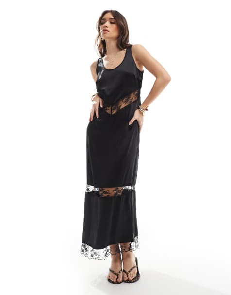 4th & Reckless – Satin-Maxikleid in Schwarz mit transparentem Spitzeneinsatz - view 1