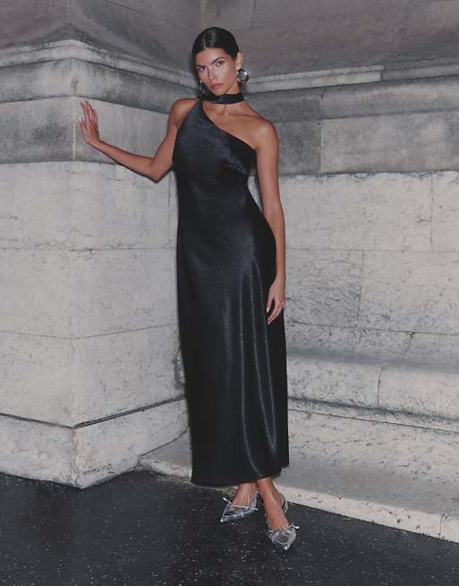 black satin one shoulder dress Signature Elegance One-Shoulder Maxi curved fit Tatiana Velvet One-Shoulder Maxi Dress