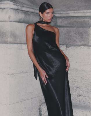 4th & Reckless Satin One Shoulder Drape Scarf Detail Maxi Dress In Black