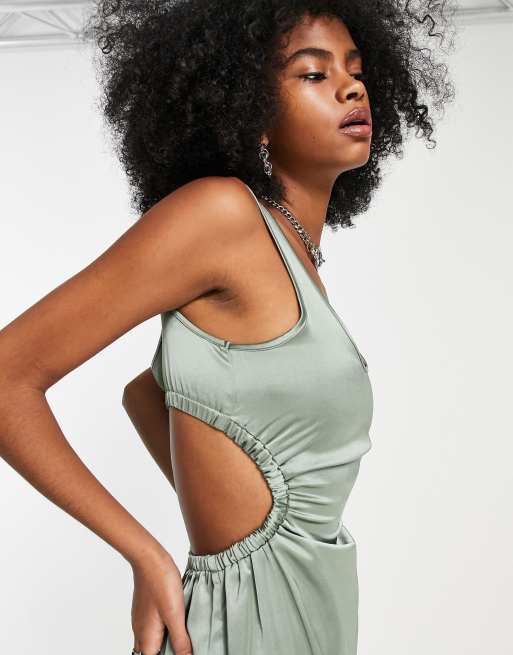 4th & Reckless satin open back detail midi dress in sage, 4 of 4