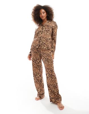 satin pajama pants in leopard print - part of a set-Multi