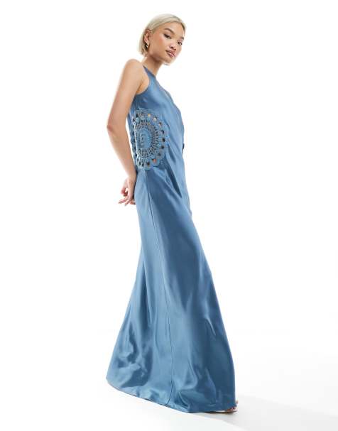 4th & Reckless satin racer neck crochet insert maxi dress in blue - view 1