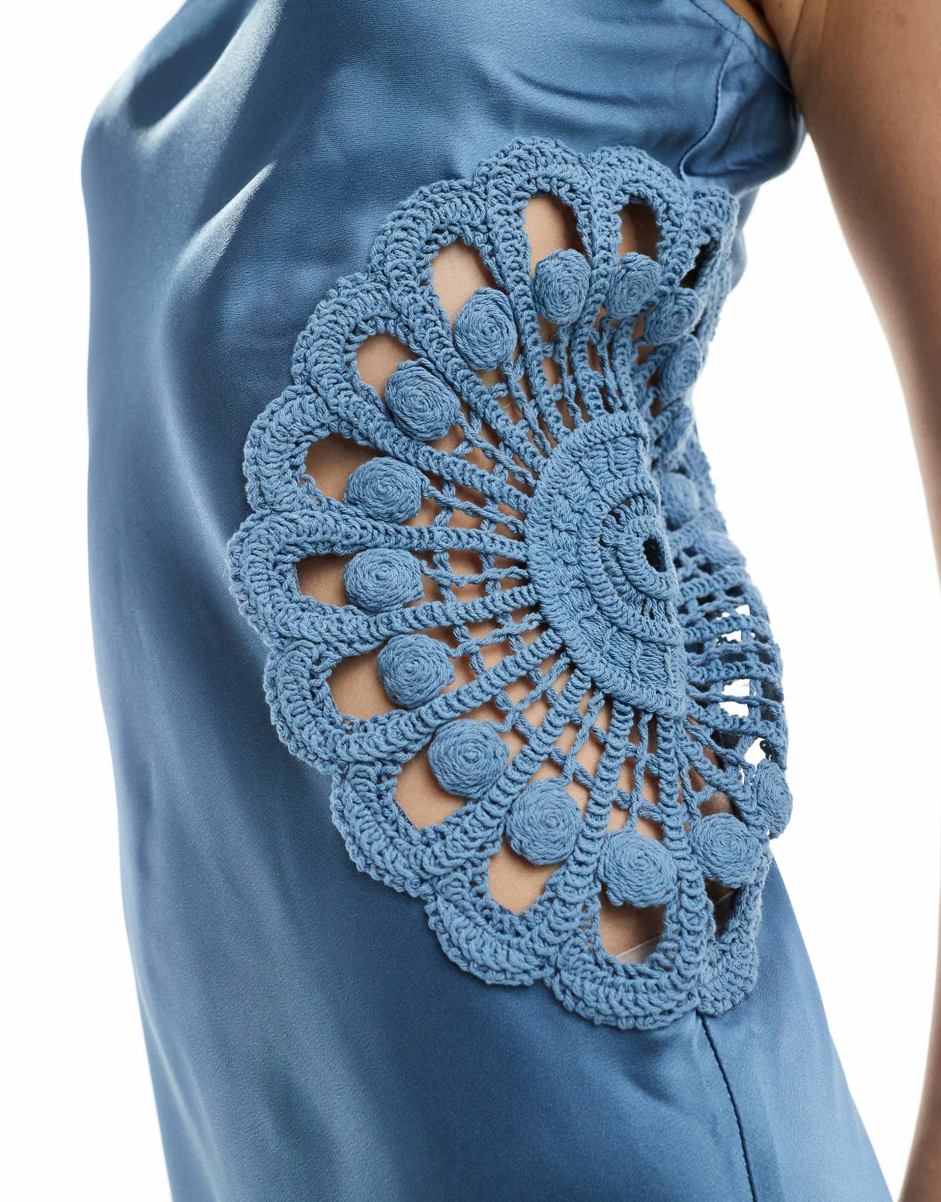 4th & reckless satin racer neck crochet insert maxi dress in blue