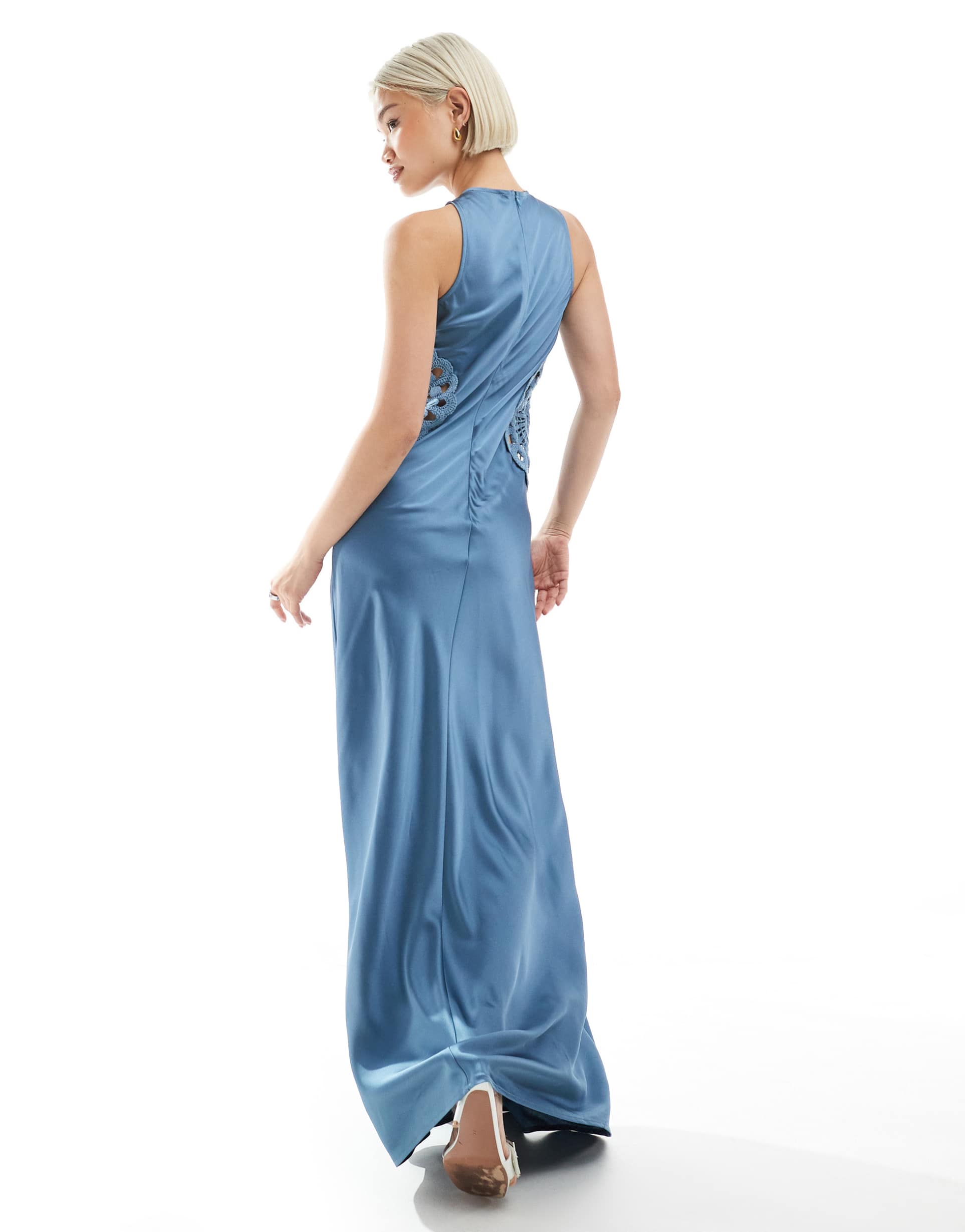 4th & reckless satin racer neck crochet insert maxi dress in blue