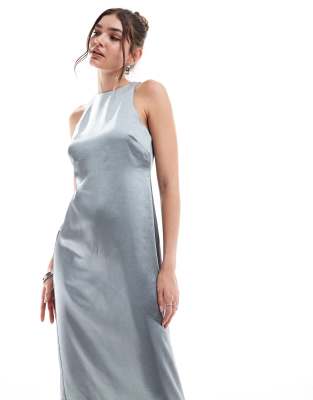 4th & Reckless Satin Racer Neck Maxi Dress In Steel Gray-blue