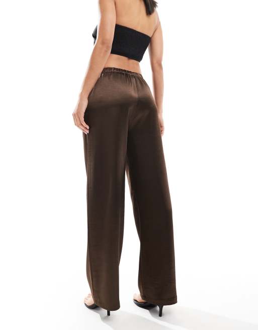 4th & Reckless satin straight leg tie waist pants in brown, 3 of 5