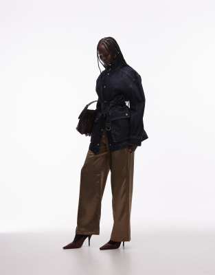 4th & Reckless satin straight leg tie waist pants in khaki