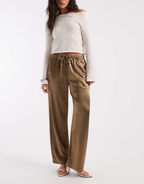4th & Reckless satin straight leg tie waist pants in khaki - view 1